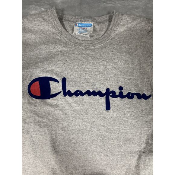 Champion T-Shirt Men's Large Gray Blue Red Script Logo Tee Cotton Blend - Picture 2 of 9